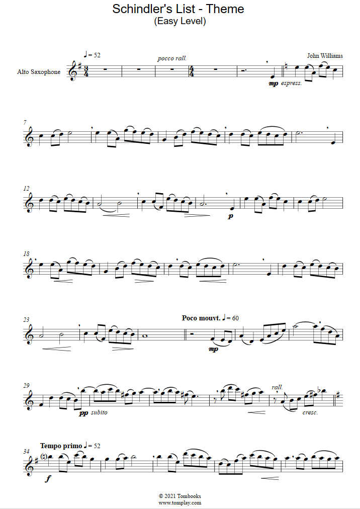 Schindler's List - Theme (Easy Level, Alto Sax) (John Williams ...