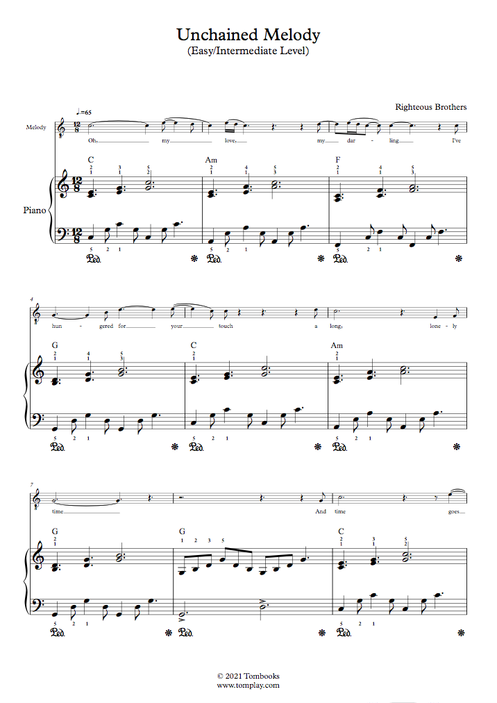 Download Digital Sheet Music Of Unchained Melody Easy For Piano Solo 