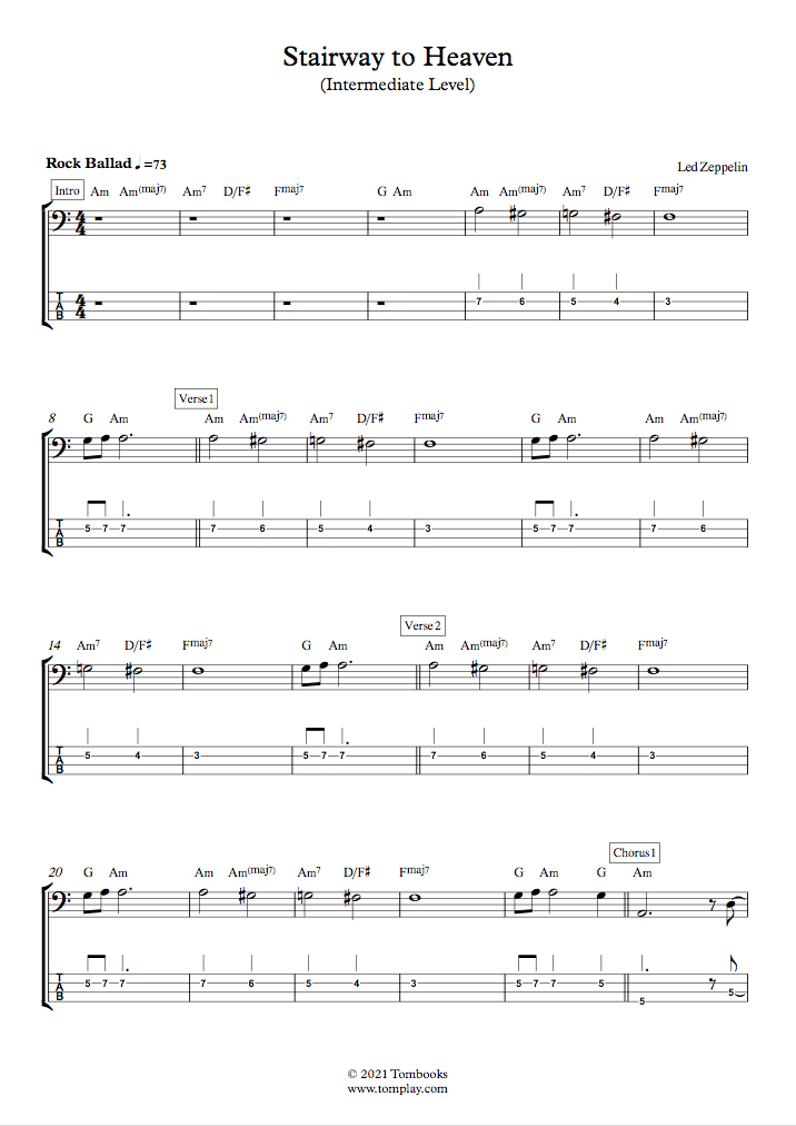 Bass Tabs and sheet music Stairway to Heaven (Intermediate Level) (Led