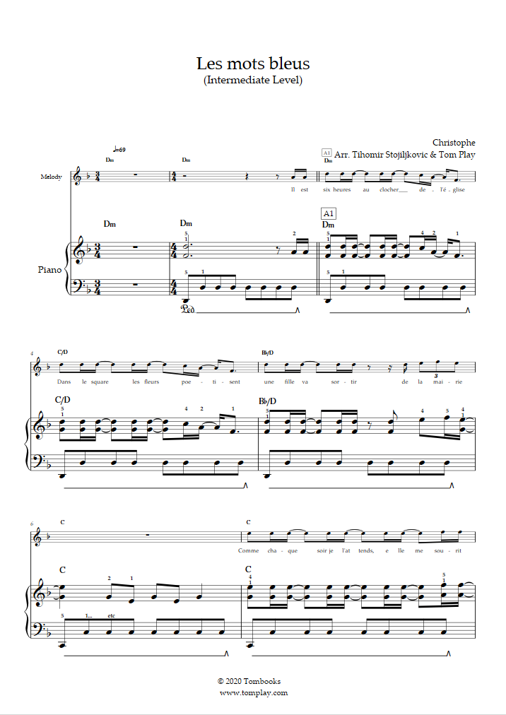 Partition Piano Les Mots bleus (niveau intermédiaire, piano solo) (Christophe)