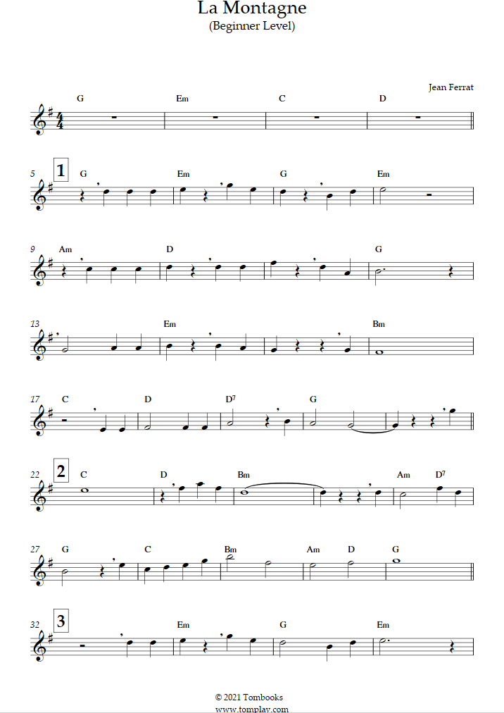 La montagne (Beginner Level, Alto Sax) (Jean Ferrat) Spartito per