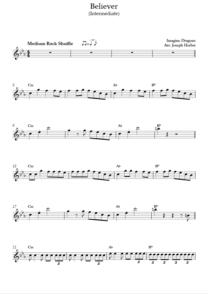 Believer Intermediate Level Tenor Sax Imagine Dragons Saxophone Sheet Music