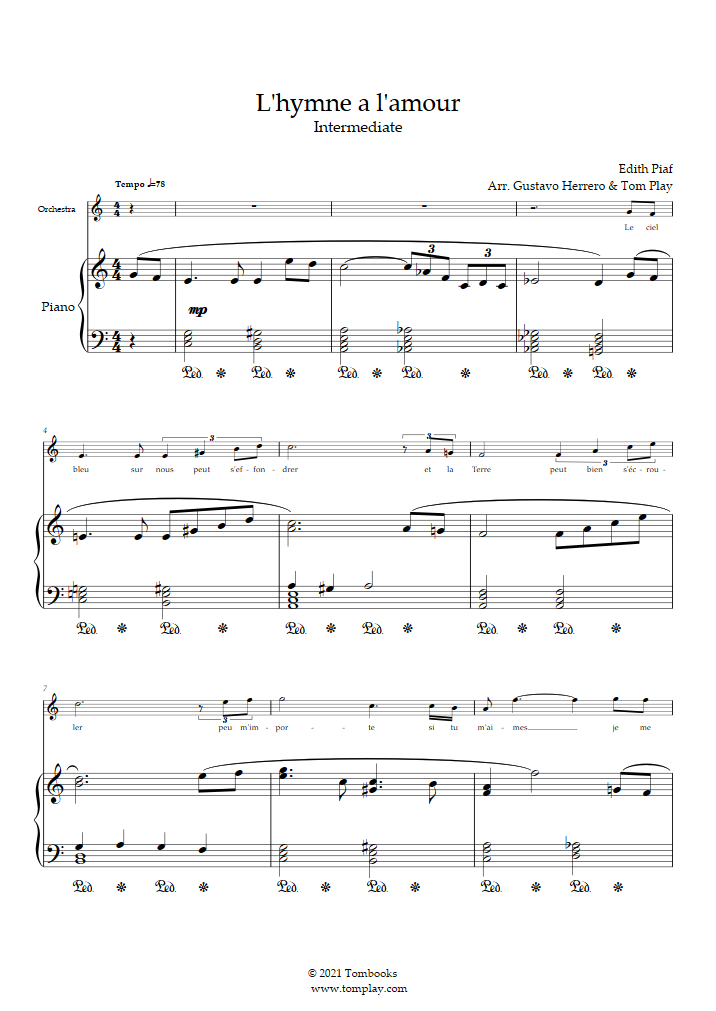 Piano Sheet Music L'hymne à L'amour (Intermediate Level, With Orchestra ...