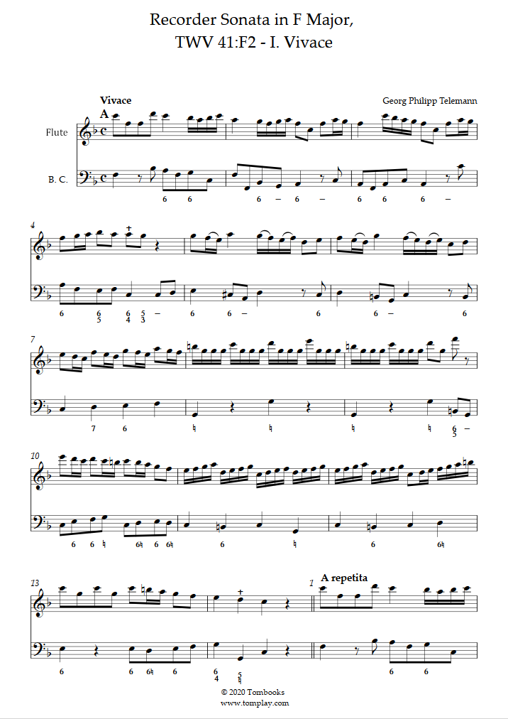 GP Telemann Sonata in F Major for C or D Flat Piccolo & Piano Sheet Music Rubank 