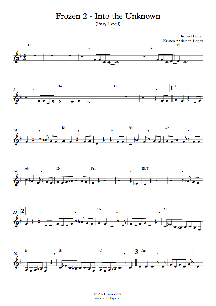 Download Digital Sheet Music of into the unknown [easy] for