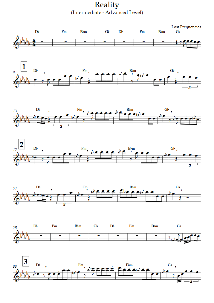 Reality (Intermediate/Advanced Level, Alto Sax) (Lost Frequencies