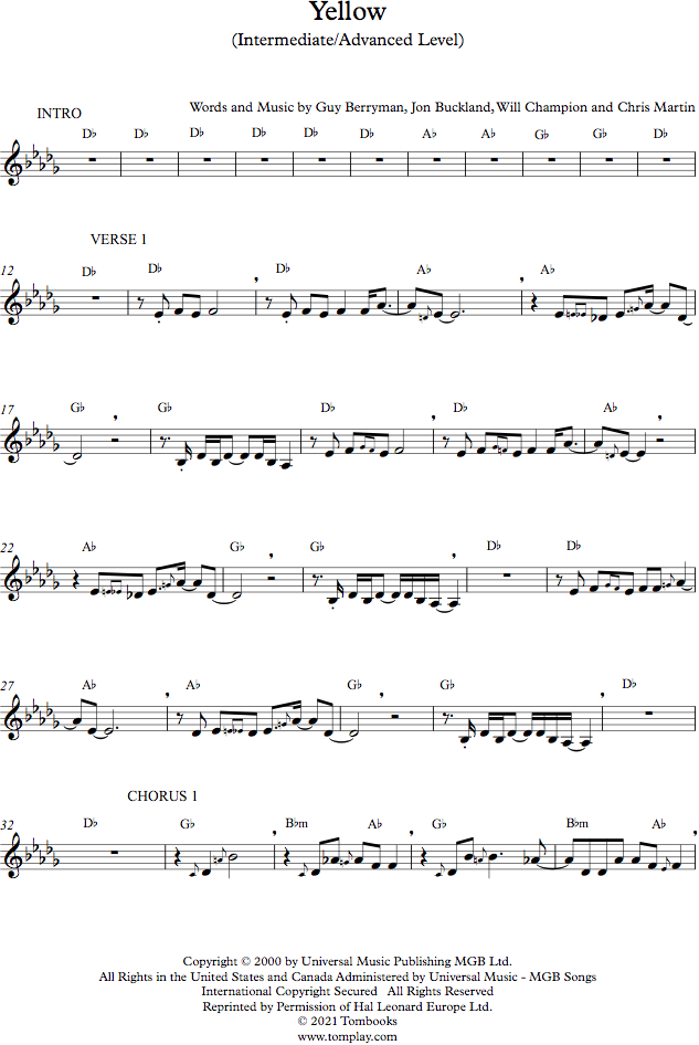 Yellow (Nivel Intermedio/Avanzado) (Coldplay) - Partitura Trompeta