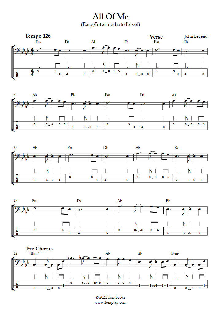 Download Digital Sheet Music of all of me [intermediate] for Bass guitar
