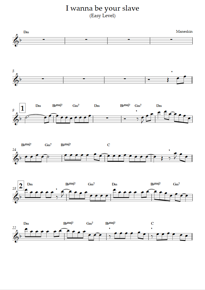 I Wanna Be Your Slave (Easy Level) (Maneskin) Flute Sheet Music