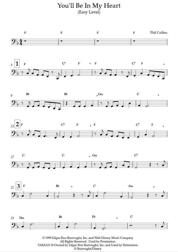 Tarzan You Ll Be In My Heart Easy Level Phil Collins Trombone Sheet Music