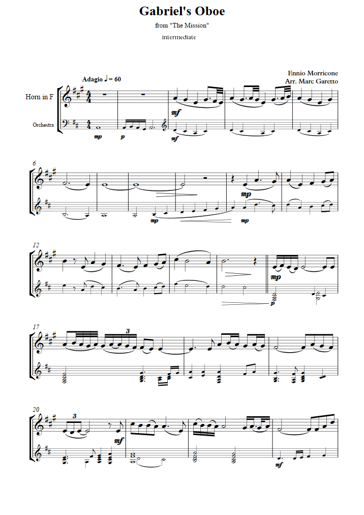 The Mission Gabriel's Oboe (Intermediate Level) (엔니오 모리꼬네) 프렌치 호른 악보