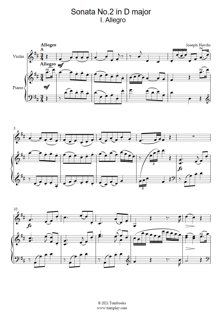 Violin Sonata No. 2 in D major – I. Allegro (Haydn) - Violin Sheet Music