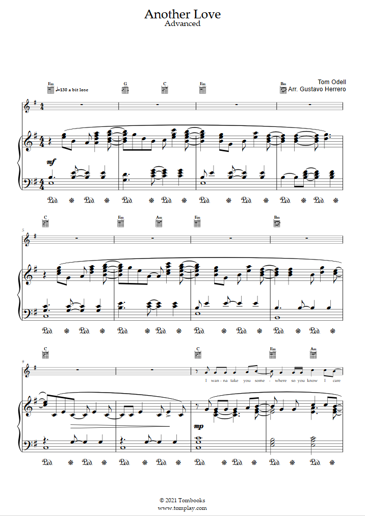 Another Love Advanced Level Solo Piano Tom Odell Piano Sheet Music