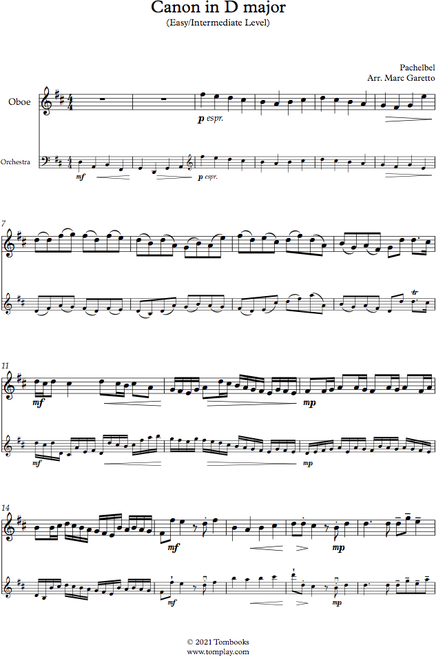 Canon in D major (Easy/Intermediate Level) (Pachelbel) Spartito per Oboe
