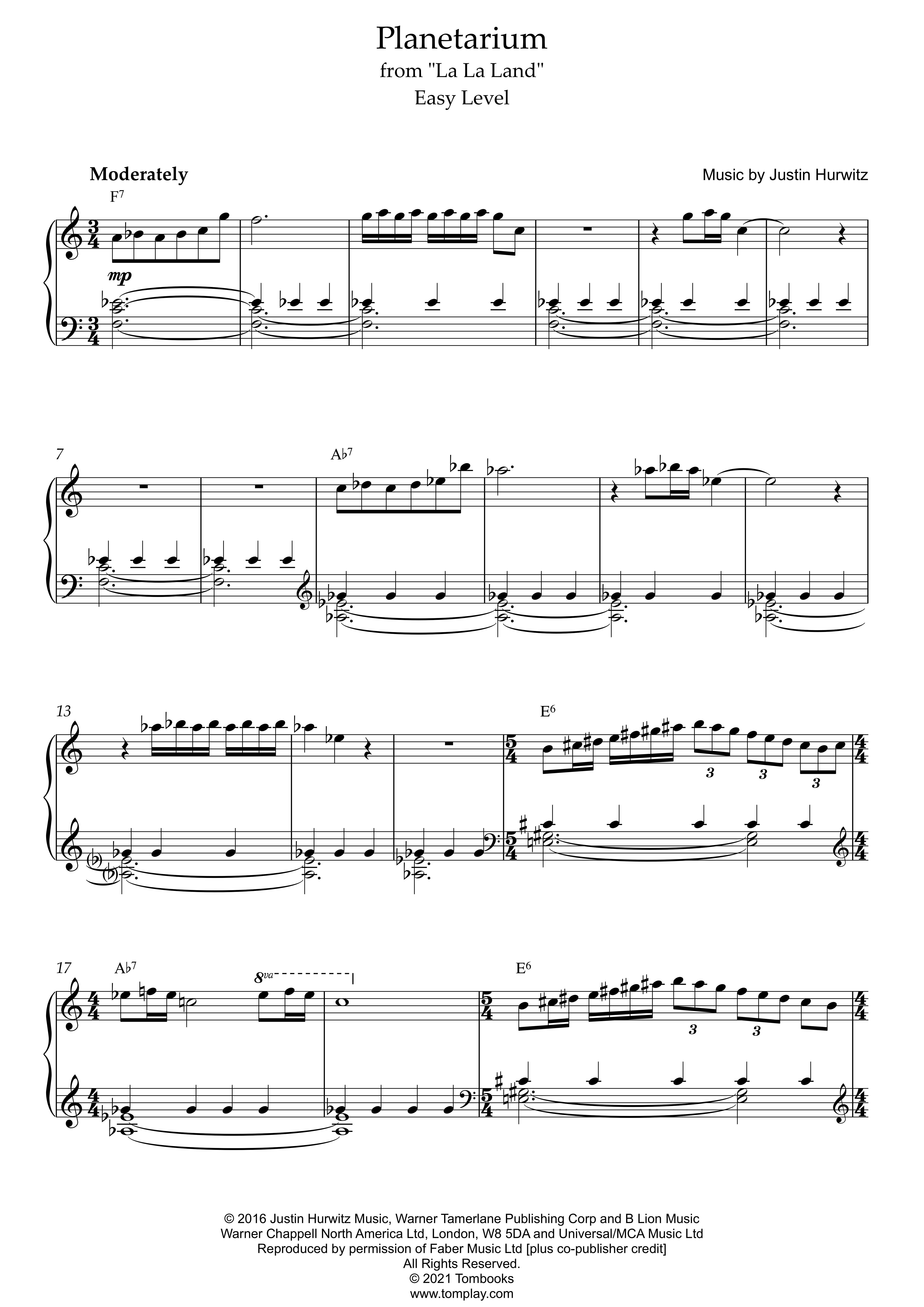 La La Land Planetarium Easy Level Hurwitz Piano Sheet Music