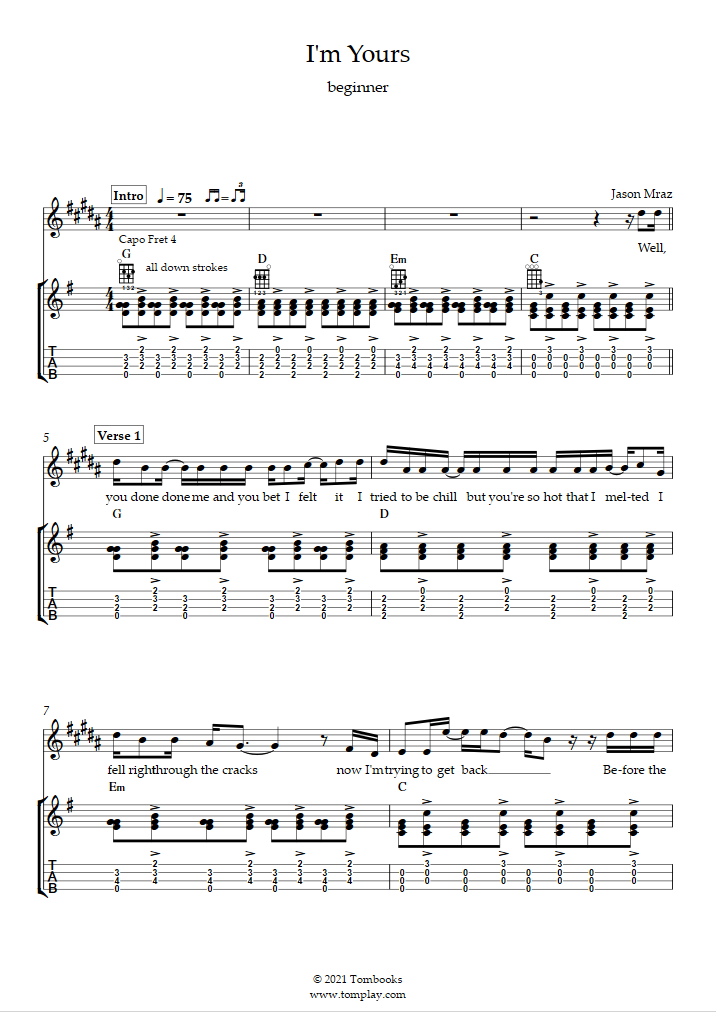 I'm Yours (Beginner Level) (Jason Mraz) Ukulele Sheet Music