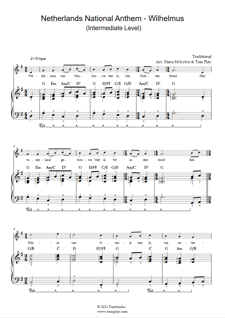 Netherlands National Anthem PDF free sheet music