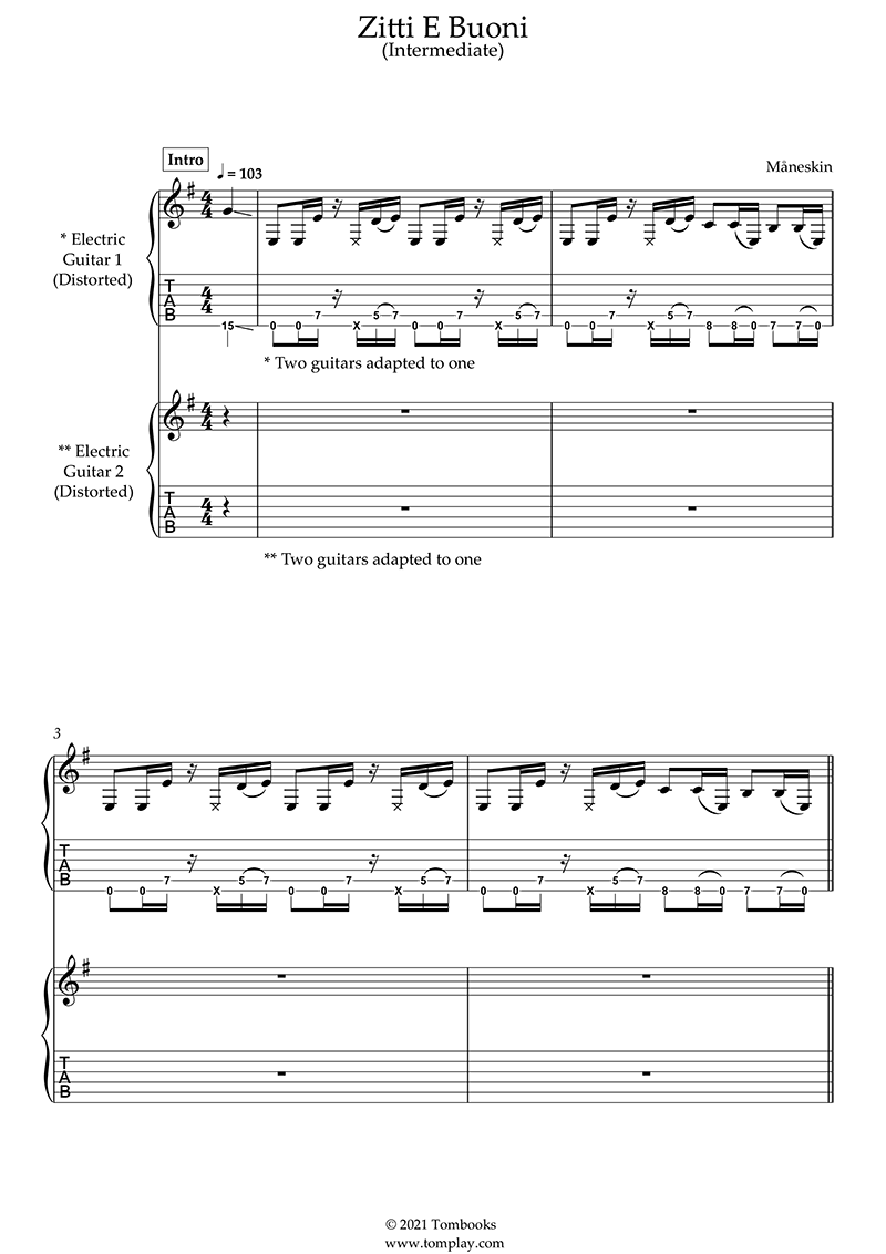 Zitti e buoni - Original Version (Maneskin) - Guitar Tabs and Sheet Music