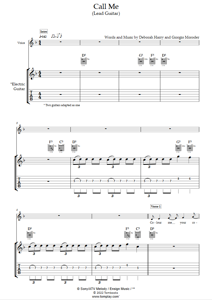 Call Me Lead Guitar Blondie Guitar Tabs And Sheet Music