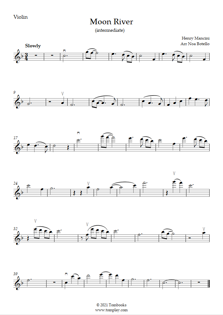 Download Digital Sheet Music of moon river [intermediate] for Violin