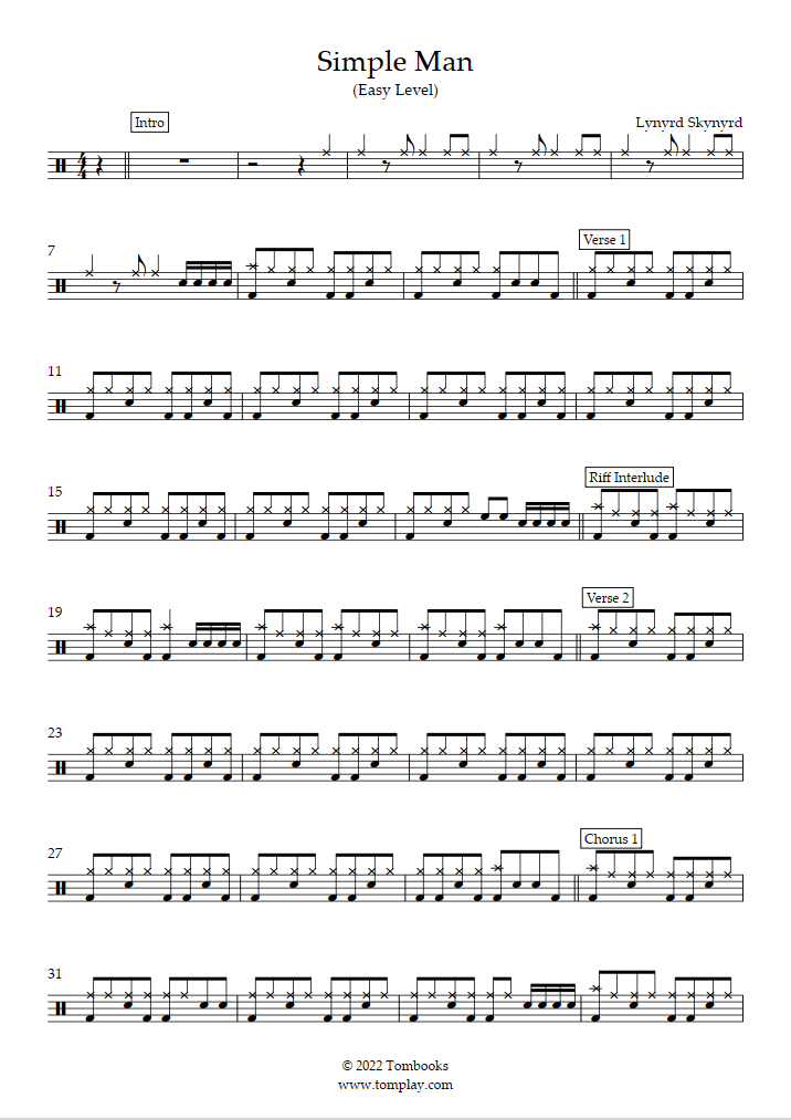 Simple Man (Easy Level) (Lynyrd Skynyrd) - Drums Sheet Music