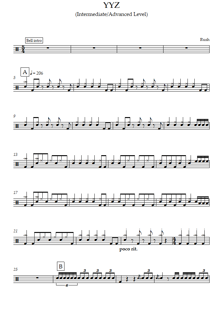YYZ (Intermediate/Advanced Level) (Rush) Drums Sheet Music