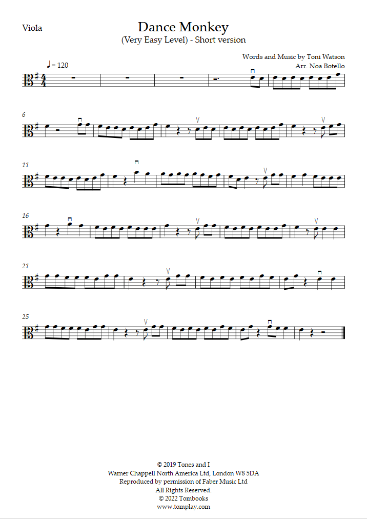 Dance Monkey (Very Easy Level) Short version (Tones And I) Viola