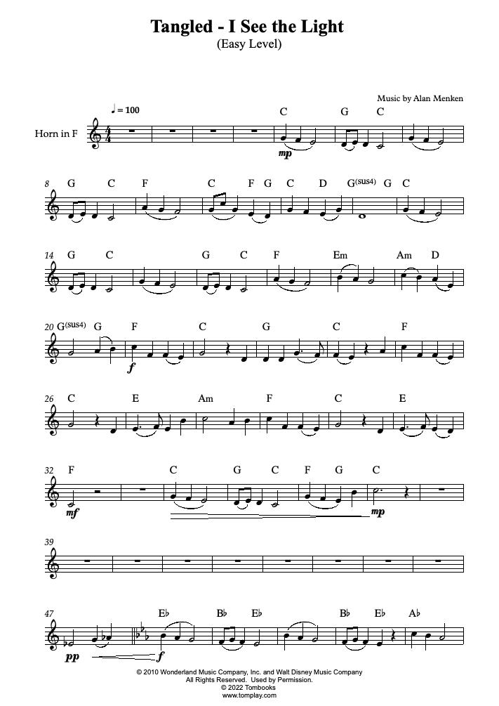 Rapunzel Endlich sehe ich das Licht (Leichte Stufe) (Alan Menken) Noten für Waldhorn