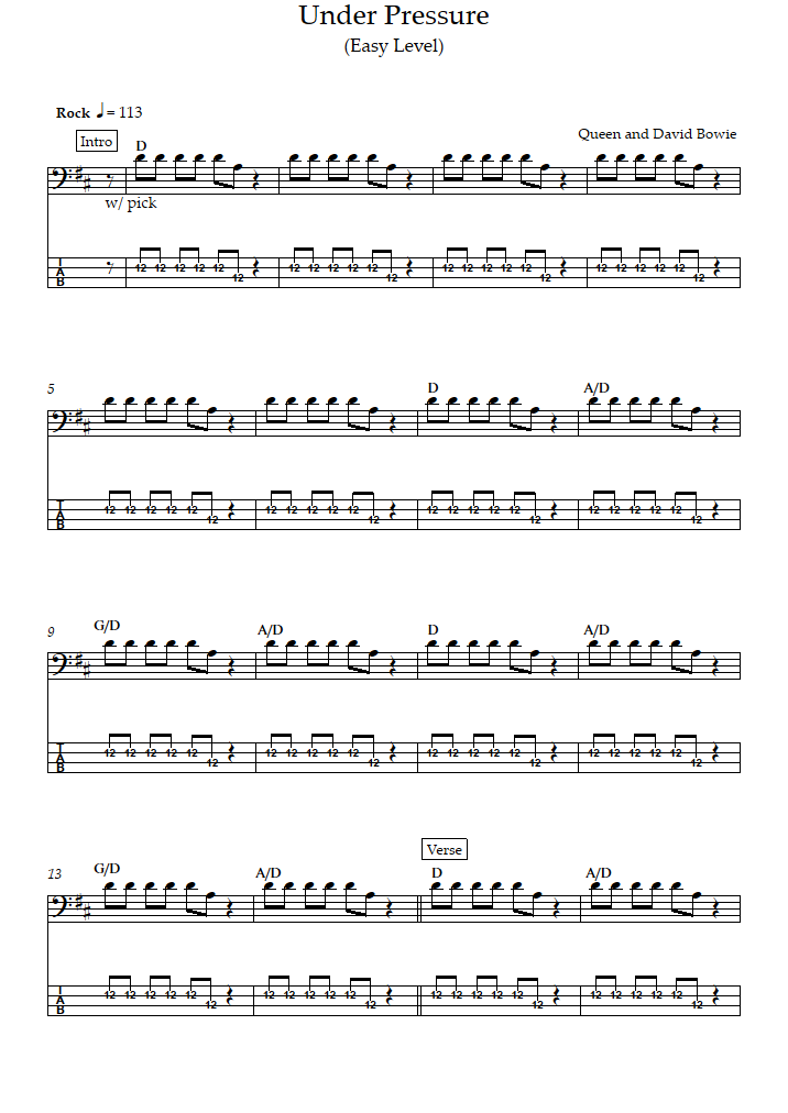 Under Pressure (Leichte Stufe) (David Bowie) Bass Tabs