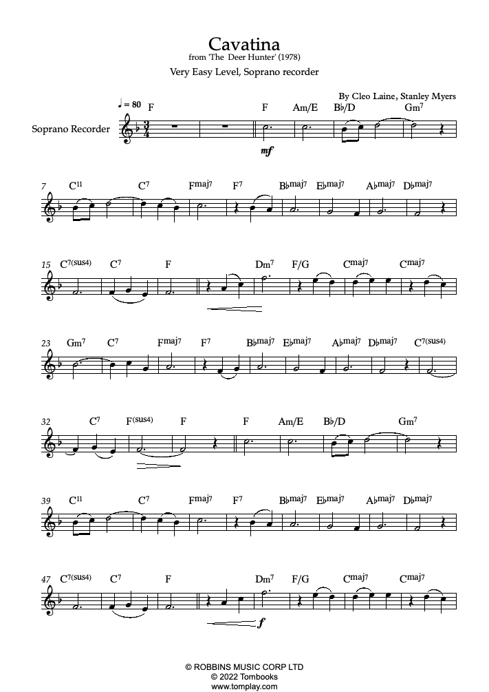 The Deer Hunter Cavatina (Very Easy Level, Soprano Recorder) (Stanley