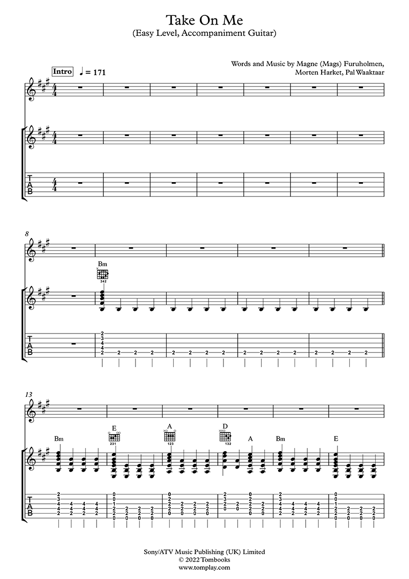 Take on Me (Easy Level, Guitar) (AHa) Guitar Tabs and