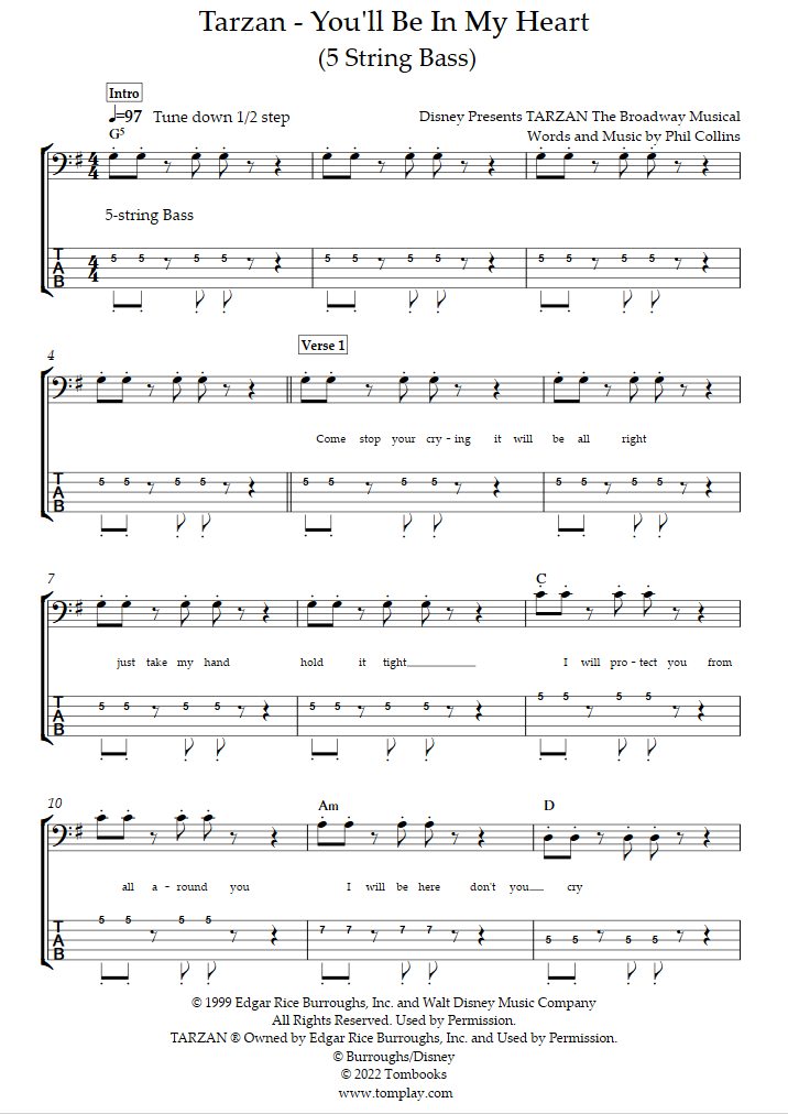 Tarzan - You'll Be In My Heart (5 String Bass) (Phil Collins) - Bass Tabs
